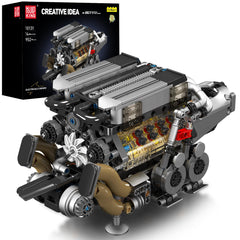 Mould King W16 engine assembly view showing the V8-based W configuration for learning