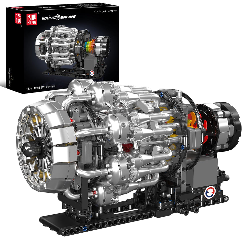 Mould King 10216 turbojet engine assembly shows core components for STEM learning.