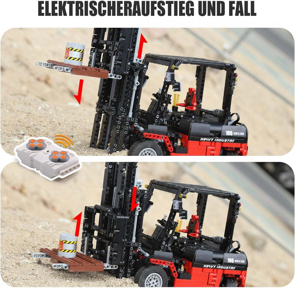 Mould King 13106 forklift side view highlights lifting mechanism.