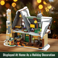 Mould King 16049 Christmas Cottage with chimney and windows for festive display.