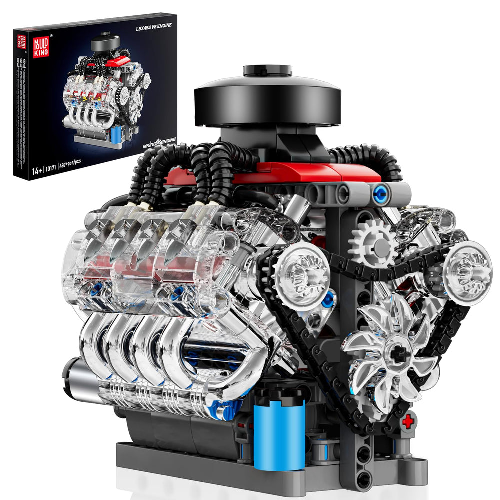 Mould King Mini V8 Engine Kit shows a transparent cylinder head revealing inner motion for hands-on learning.