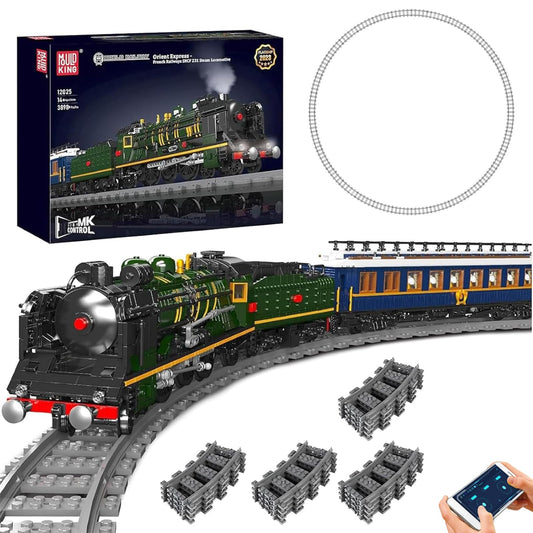 Mould King Orient Express locomotive with LED lighting for immersive night-time display.