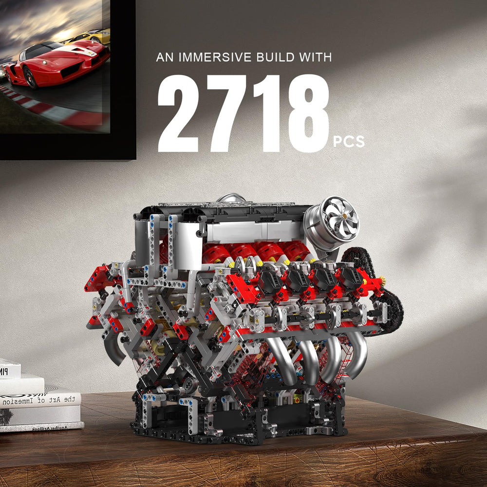 Mould King V8 engine blocks turbocharger detail for realistic engine study.