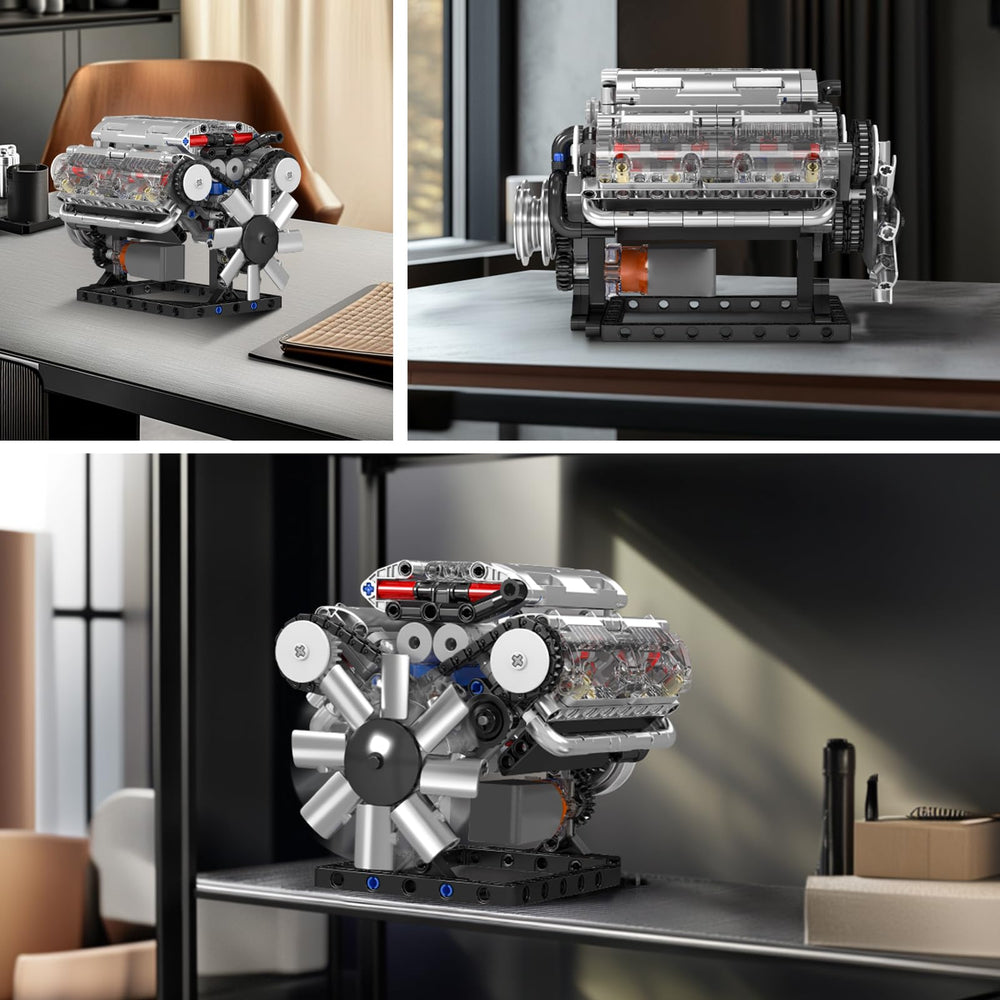 Mould King V8 engine detailed components for repeatable builds.