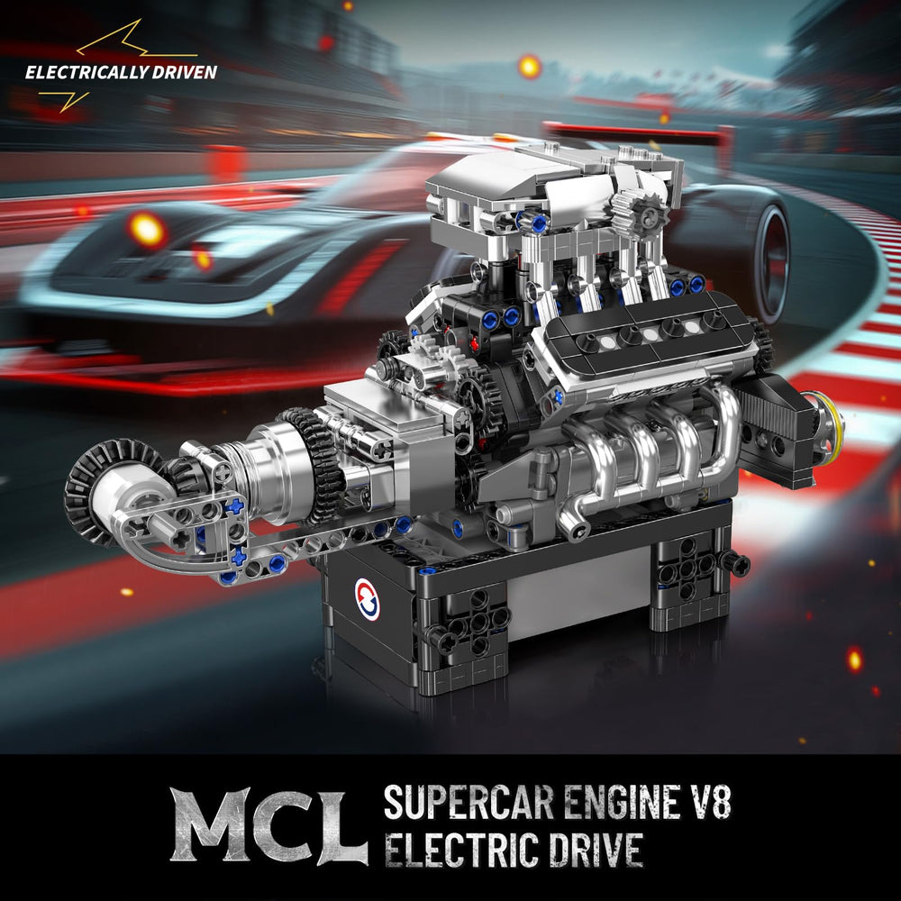 Mould King V8 engine pistons in motion illustrating realistic mechanical precision.