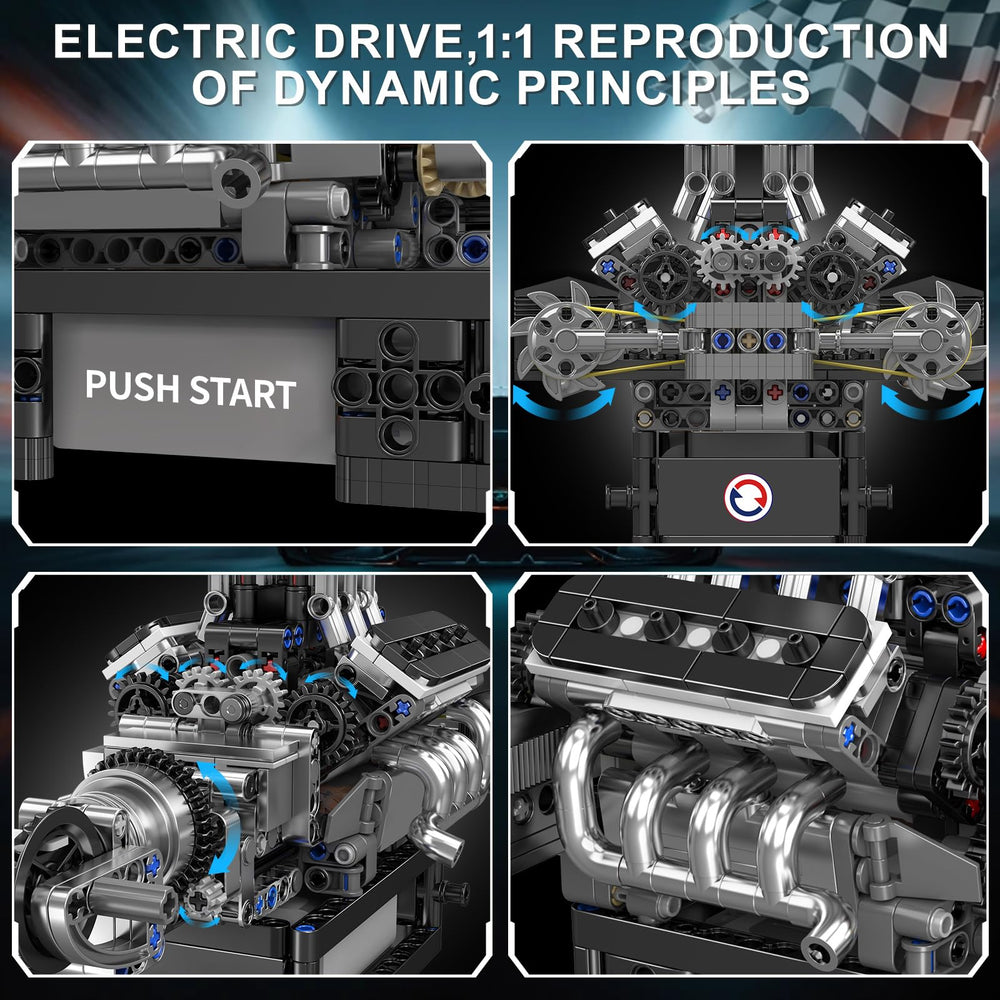 Mould King V8 engine reverse-rotation button demonstrates timing in action.