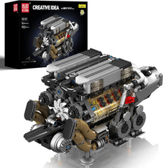 Mould King W16 engine with battery-powered motor powering a running model