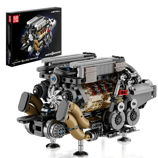 Mould King W16 engine block view highlights piston layout for study and display.