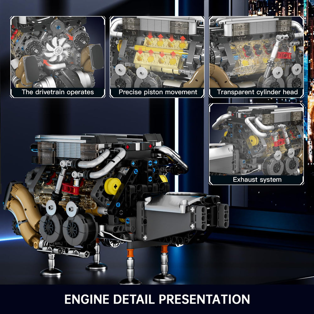 Mould King W16 engine piston motion demonstrates synchronized movement for hands-on learning.