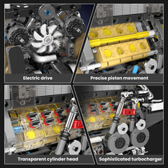 Mould King W16 engine valve, turbocharger, and exhaust details