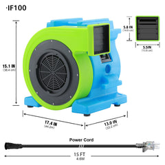 MOUNTO 1HP blower demonstrating stackable design across several inflatables.