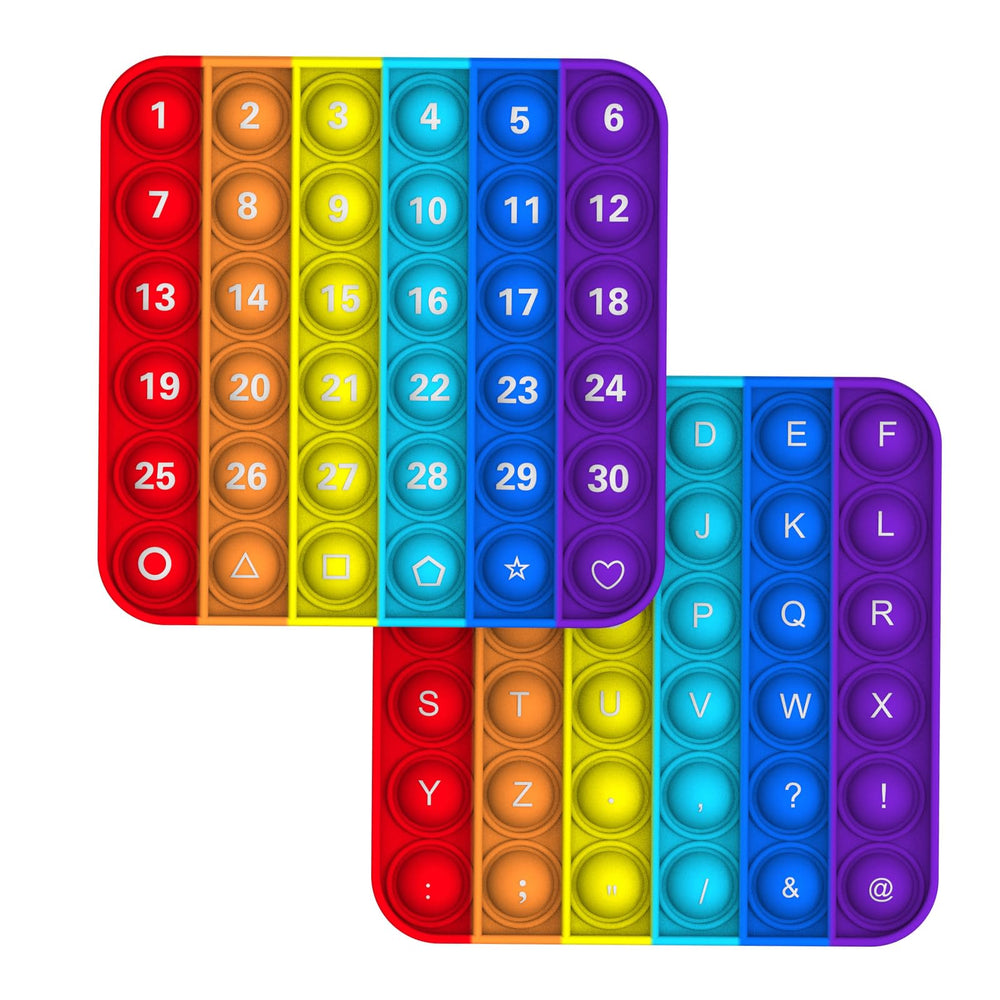 Mouom 2Pack Pop Fidget Toys close-up shows ABC learning bubbles for calm focus.