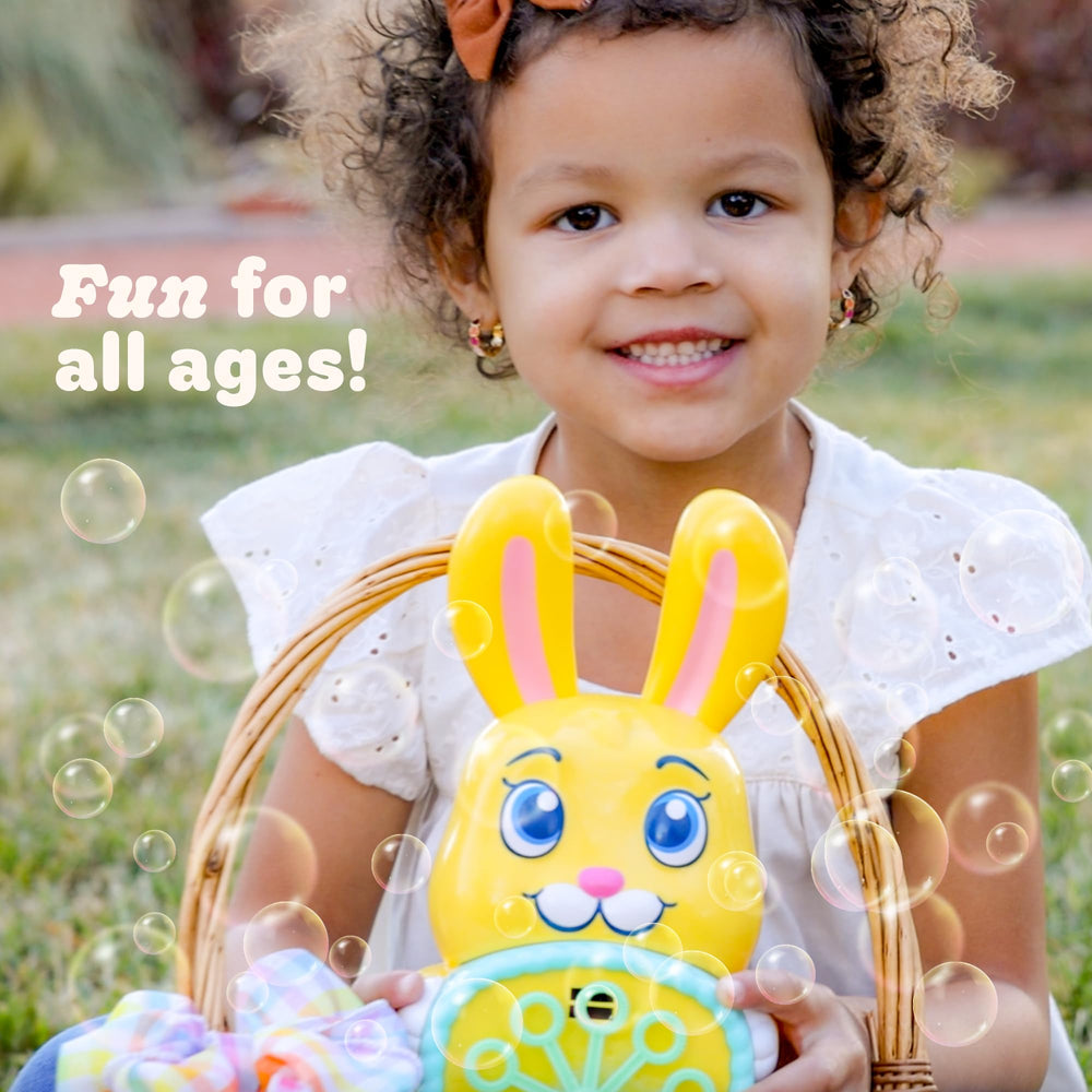 Move2Play bunny bubble blower indoors for safe, energetic fun