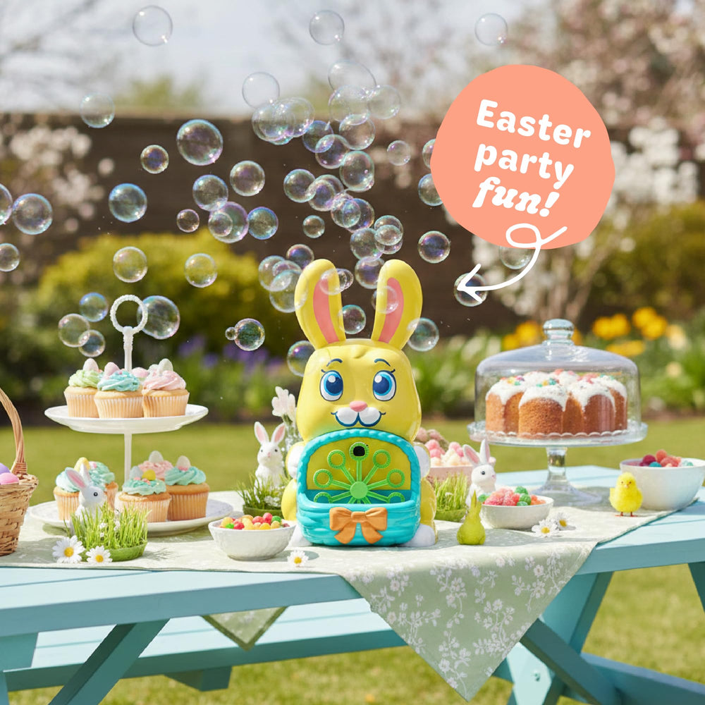 Move2Play bunny bubble blower shown with fun play ideas for kids