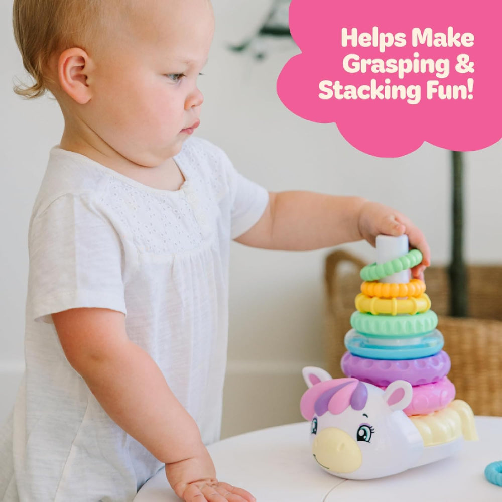 Move2Play unicorn rattle ring adds engaging sound for sensory exploration.