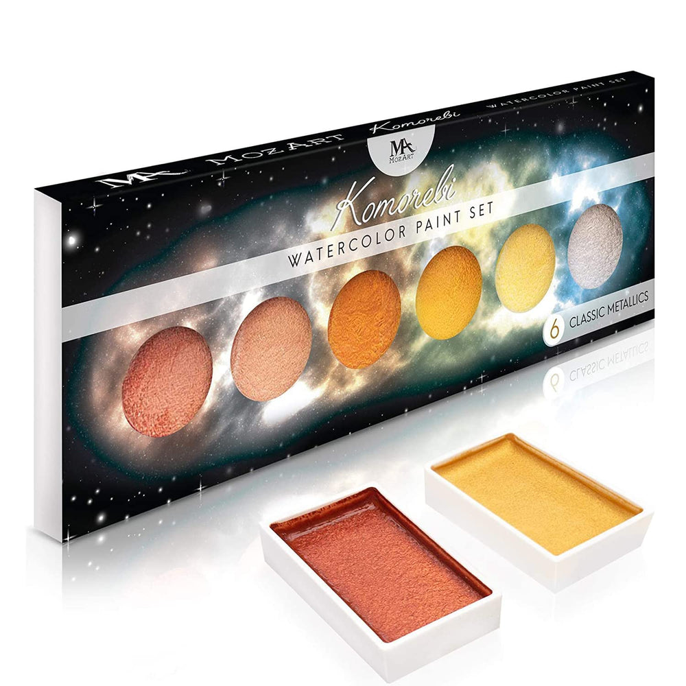 MozArt Komorebi metallic watercolor palette with six colors for vibrant gleam on paper