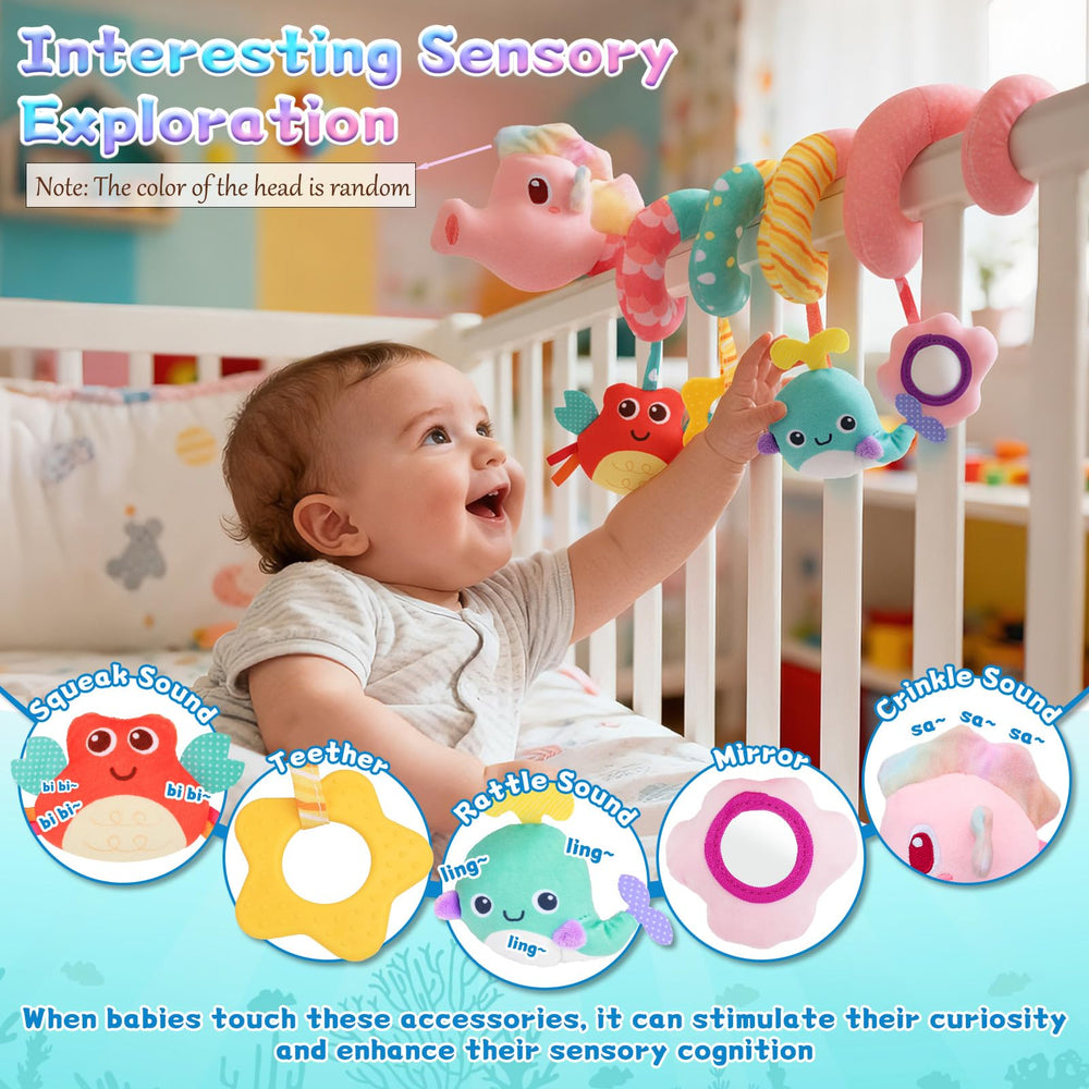 MPQMPQ car seat toy seahorse crinkle texture enhances sensory curiosity during play.