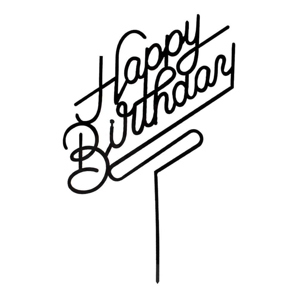MPRVAKYF Happy Birthday Topper in black acrylic adds a festive touch to any cake.
