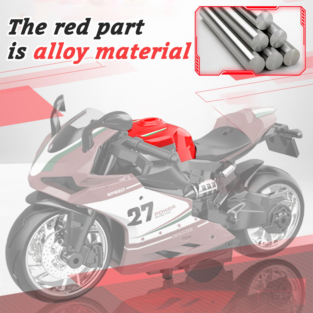MQDMINI friction-drive motorcycle action demonstrates instant propulsion after a pull-back