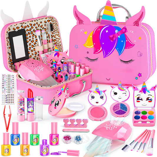 Mqsiuve Kids Makeup Kit shows unicorn-case open for organized pretend play and creativity
