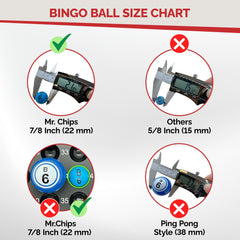 MR CHIPS red color-coded bingo balls for easy caller reference.