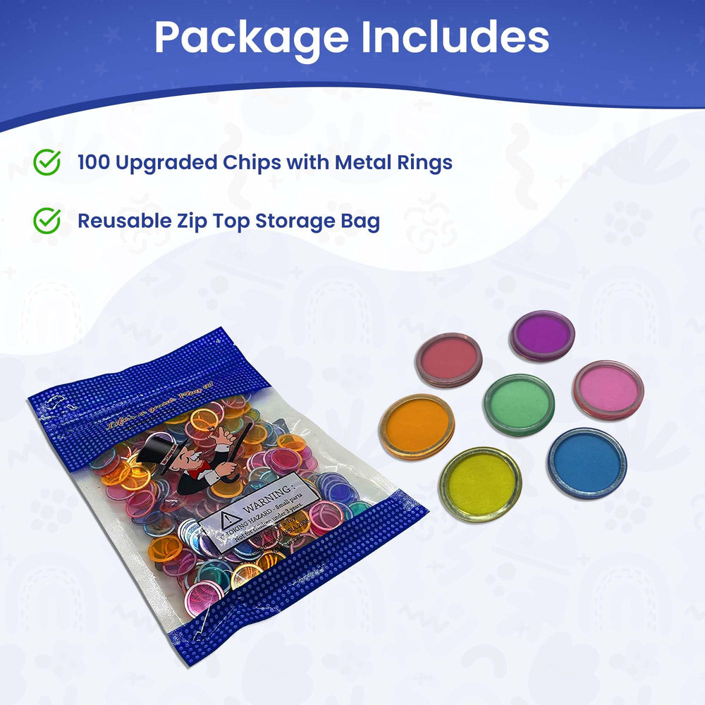 MR CHIPS transparent 3/4 inch chips in seven colors ready for bright game nights.