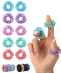 Mr. Pen spiky sensory rings 10-pack on a hand for tactile focus.