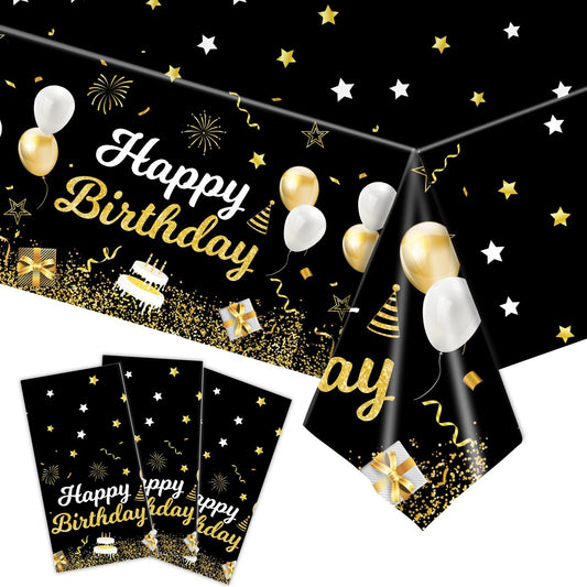 MRJ gold and black star tablecloth 54x108, ideal for birthday celebrations.