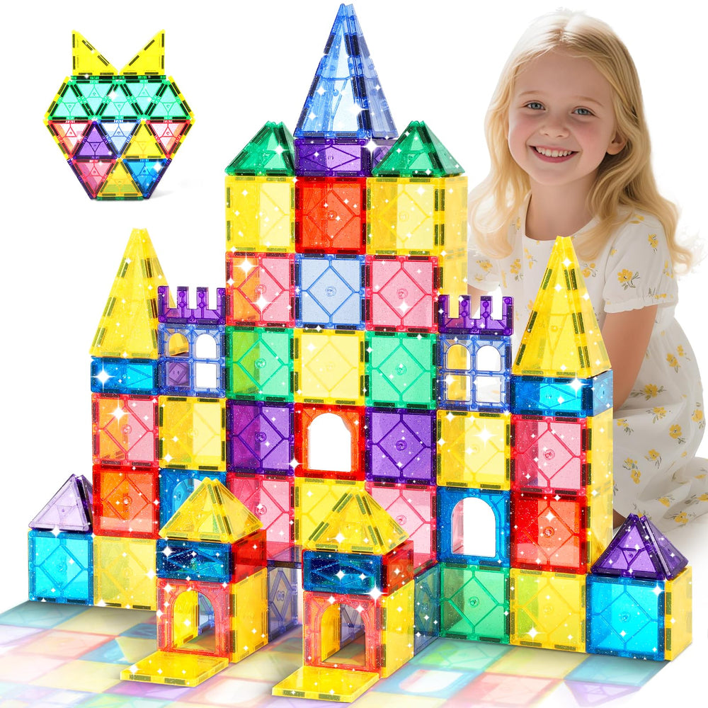Mruikeny glitter magnetic tiles create castle builds to boost imaginative play and spatial awareness.