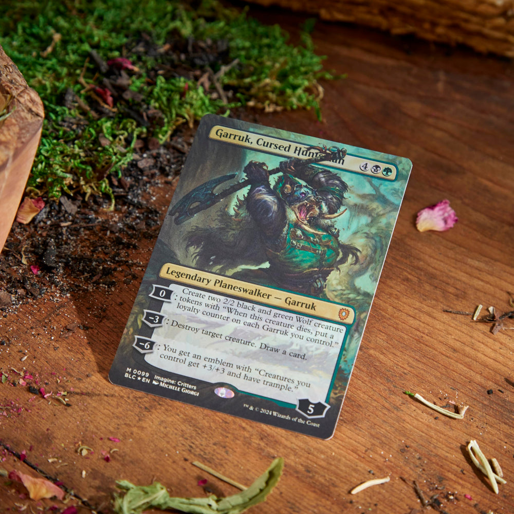 Magic: The Gathering Bloomburrow deck box holding sleeved cards.