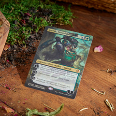Magic: The Gathering Bloomburrow deck box holding sleeved cards.