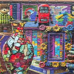 Mulic retro pop culture puzzle scene with radios and cartoon robots