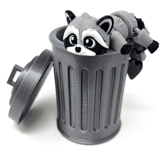 MunnyGrubbers raccoon with trashcan posing on desk for stress relief and focus
