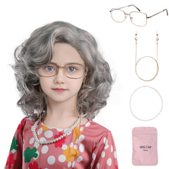 MUPUL old lady wig for kids with grey short curls for easy wear