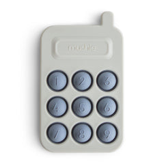 Mushie Phone Press Toy Tradewinds, front view, promotes tactile exploration and focus for toddlers