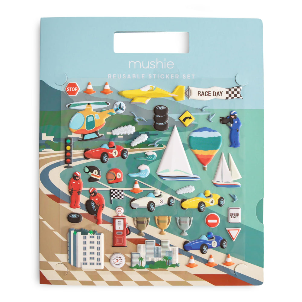 Mushie Race Cars sticker book cover inviting imaginative play and storytelling