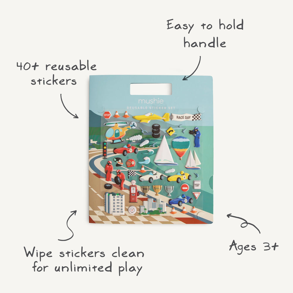 Mushie Race Cars sticker book playset ready for travel and open-ended fun