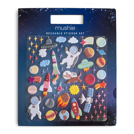 Mushie Space sticker book front cover invites imaginative play for kids.