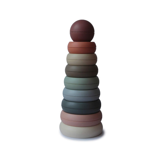 Mushie Stacking Rings Toy package in pastel hues for safe sensory exploration