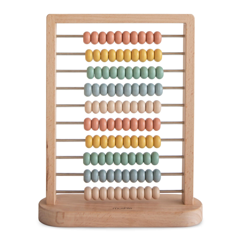 Mushie wooden abacus beads close-up for early counting practice