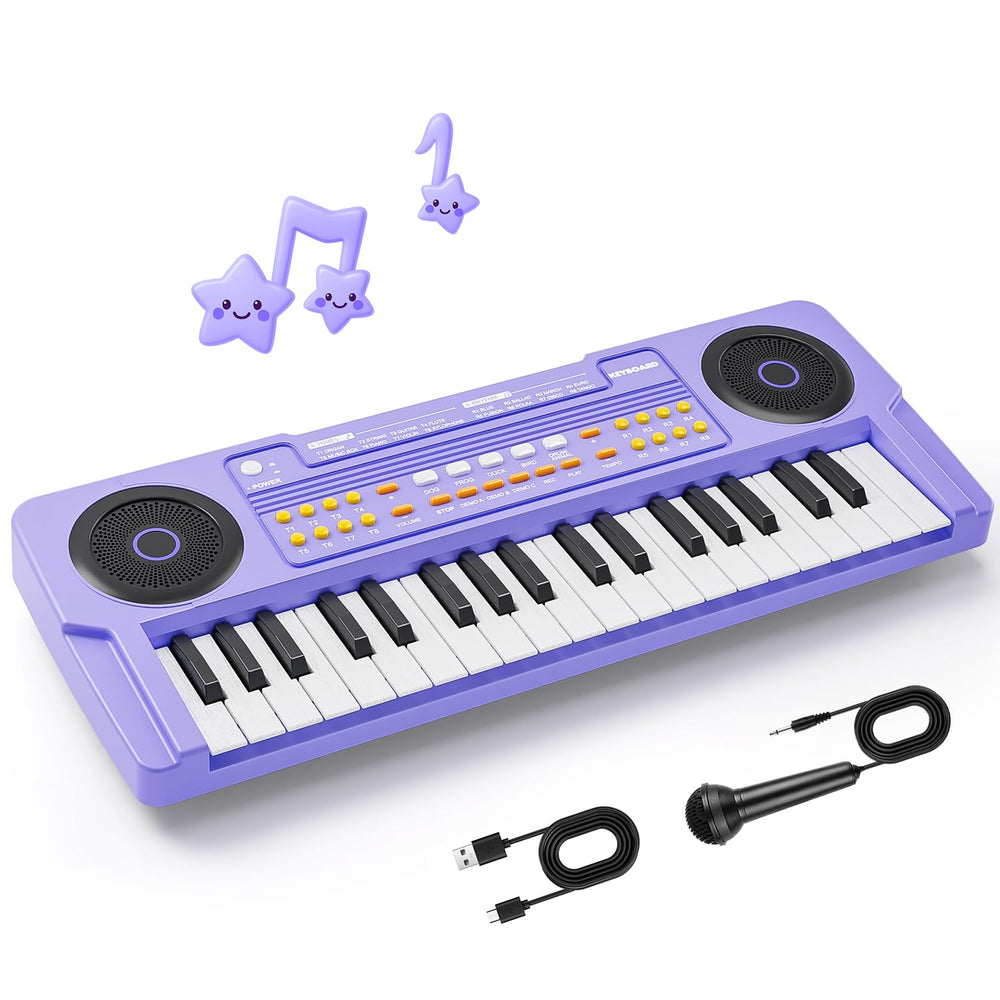MusicForset upgraded 37-keys kids piano front view highlighting its compact, kid-friendly design.