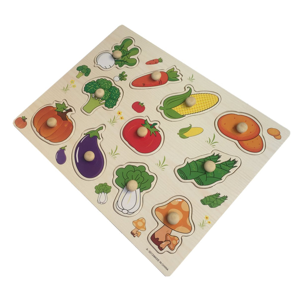 Muxihosn wooden peg puzzle featuring vegetables to boost color and category awareness.