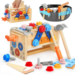 Myfolrena wooden tool set with belt in action for tidy pretend play and organization.