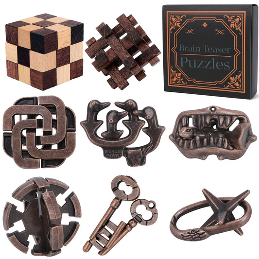 Mytothfy 8-piece wooden brain teaser set for focused problem solving