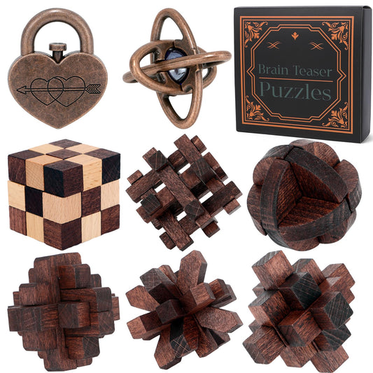 Mytothfy brain teaser puzzle in wooden and metal eight-piece set for focused thinking.