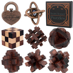 Mytothfy brain teaser puzzle in wooden and metal eight-piece set for focused thinking.