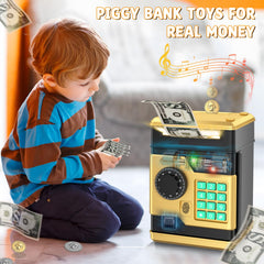 NAFEIV piggy bank note insertion demonstrates automatic money scroll feature.