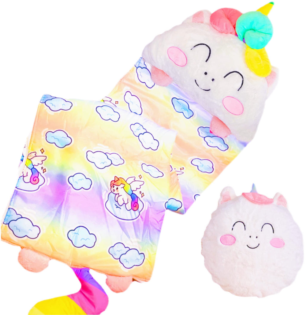 Nalexmi Happy Kids Sleeping Bag with unicorn design, inviting cozy adventures for playtime and sleepovers.