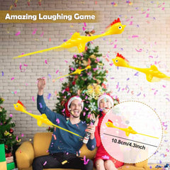 Namii W rubber chicken slingshot in flight during a playful toss