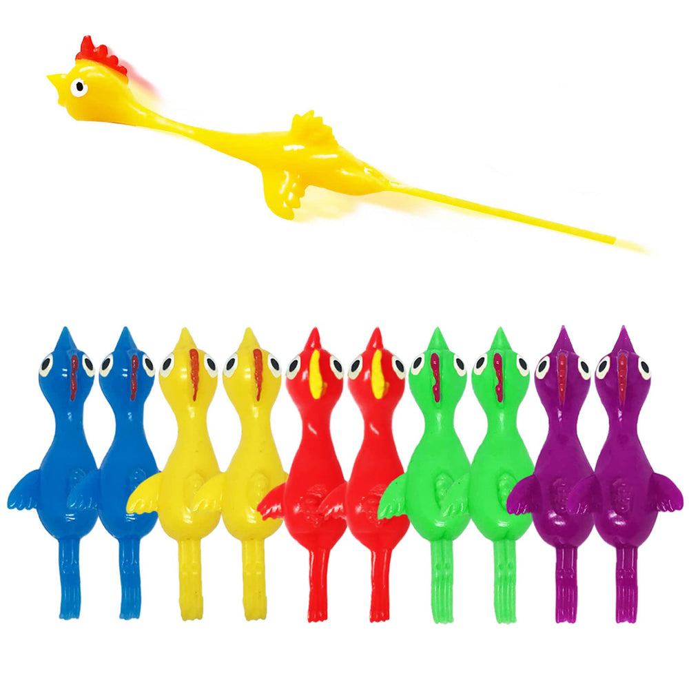 Namii W Slingshot Chicken Flick pack of colorful rubber chickens for outdoor games.